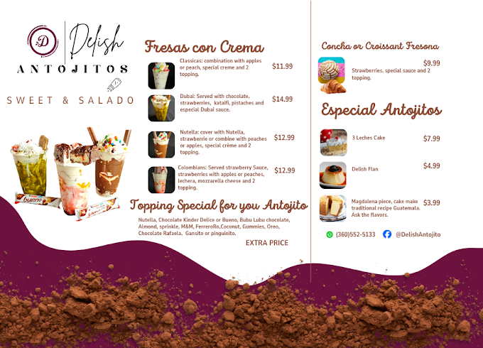 Delish Antojitos menu — fresas con crema, especiales