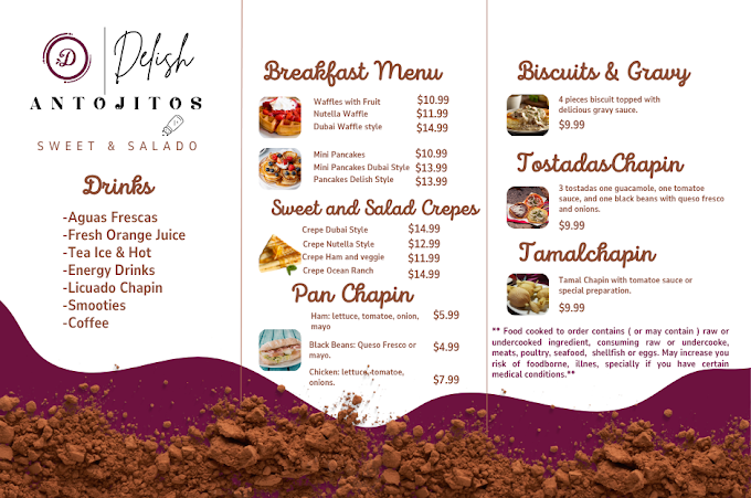 Delish Antojitos menu — breakfast, crepes, pan chapín